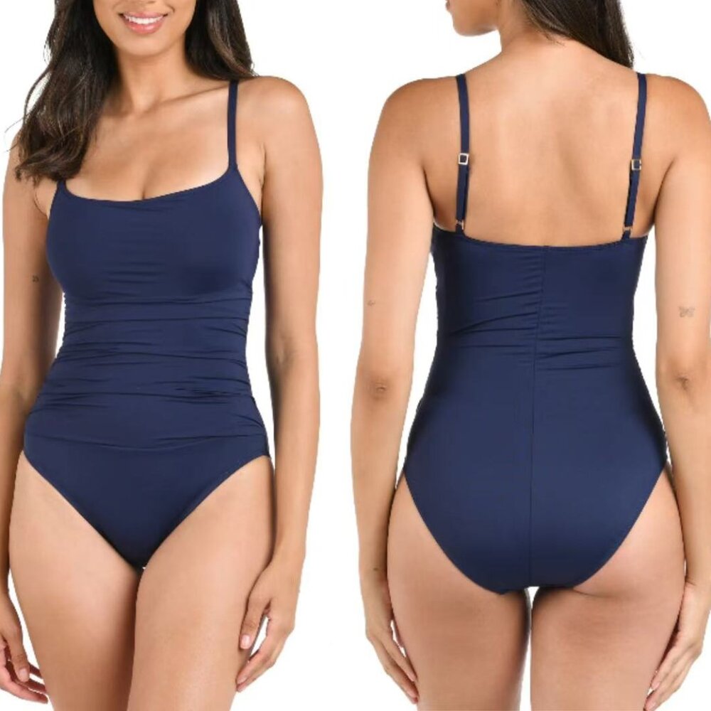La Blanca Island Goddess Rouched Body Lingerie Mio One Piece Swimsuit Indigo 12